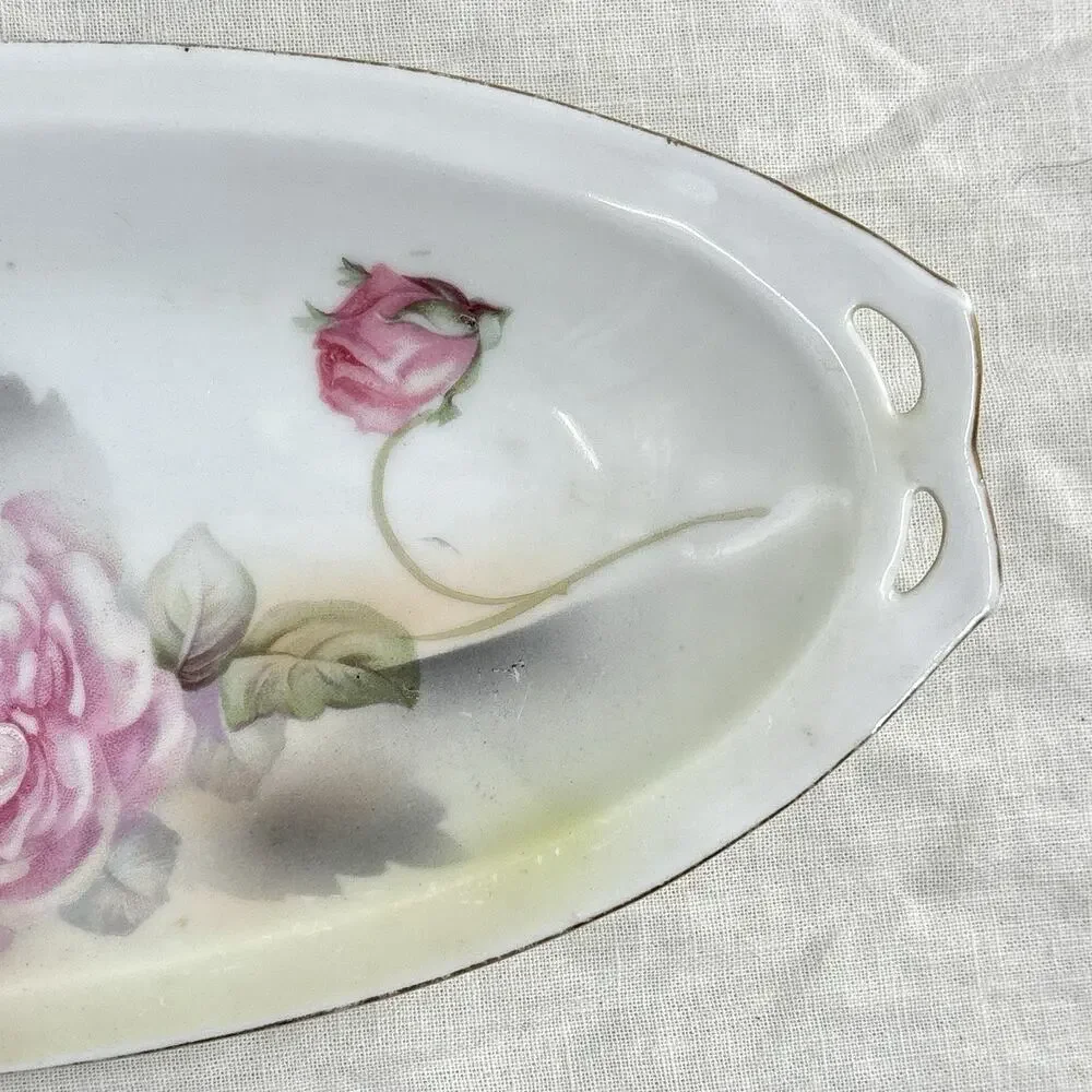 Rose Porcelain Tray Hand Painted Pink Floral Trinket Dish Vanity Romantic 9x4